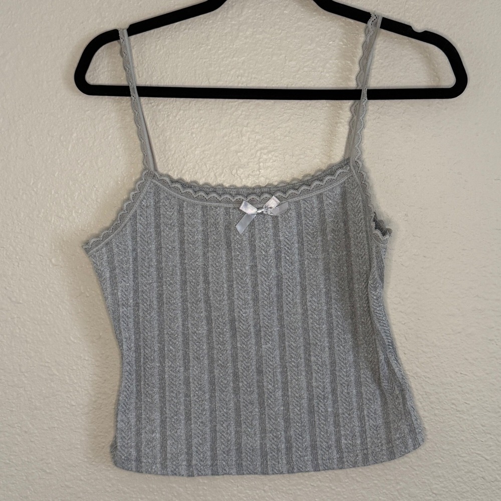 Coquette Dainty Pointelle Knit Lace Trim Preppy Grey Camisole Bow Womens Small